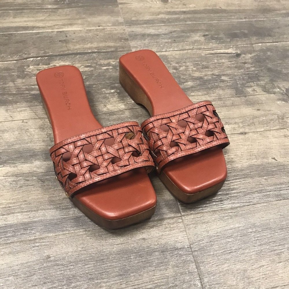 Tory Burch Basketweave Clog Women Size 8M‎ 88748 Calf Leather EUC
